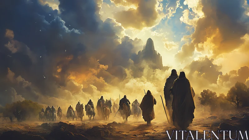 Pilgrims advancing toward a sunlit mountain citadel.