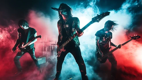 Backlit rock band performance in colored stage fog and smoke