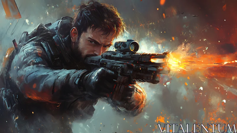 Dynamic rifle muzzle flash illuminates tactical shooter portrait