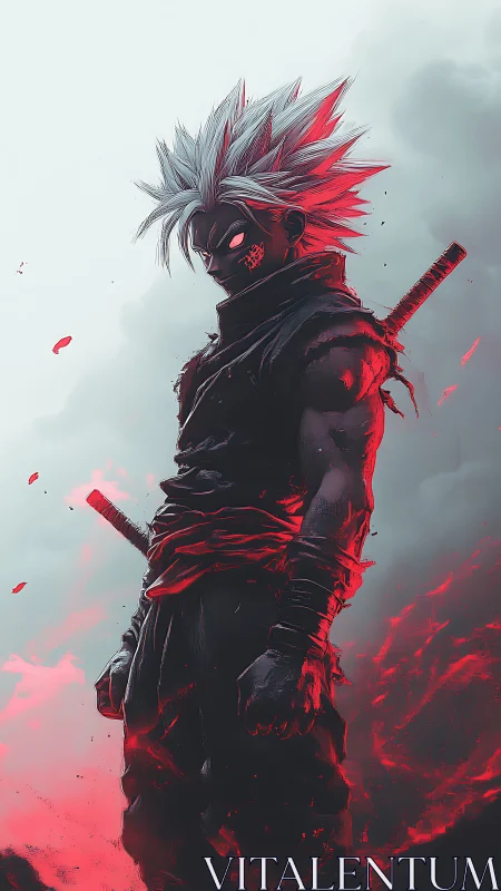 Volatile white-haired swordsman with incandescent red aura.