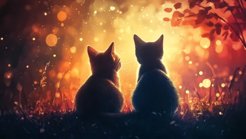 Two Felines Contemplate Golden Twilight's Luminous Embrace