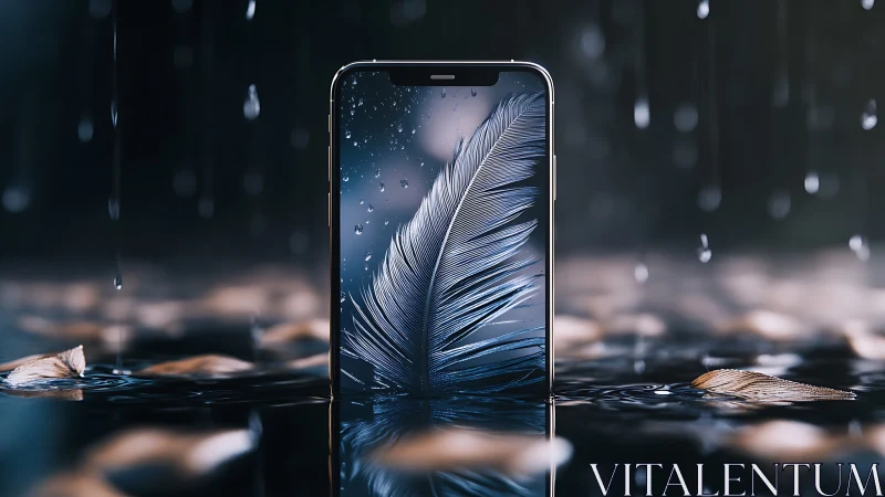 Featherlit smartphone dreaming in rain-drenched reflections.