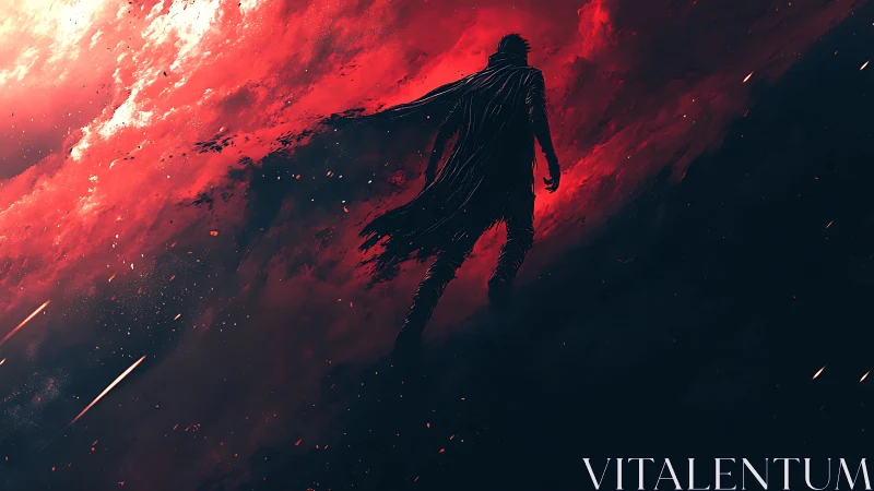 Silhouetted cloaked figure against red cosmic backdrop.