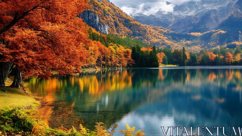 High-saturation autumn lake reflection under partially clouded alpine peaks