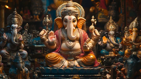 Colorful Ganesha idol centerpiece in crowded statue display.
