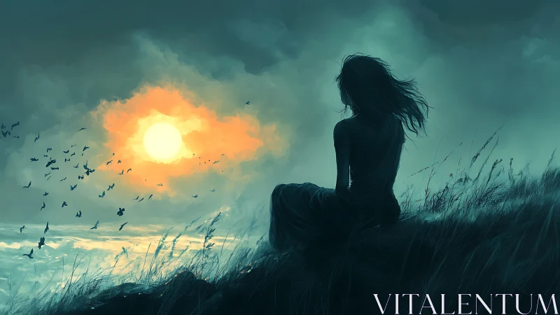 Digital painting of solitary figure at storm-lit shoreline horizon.