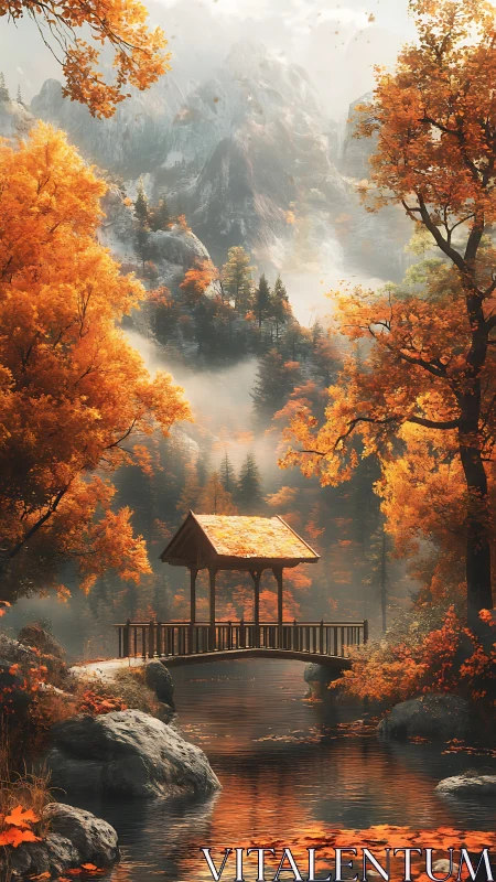 Autumn mountain bridge over misty river in golden forest.