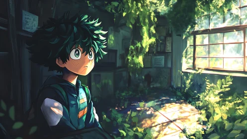 Green haired dreamer pauses in a sun drowned secret classroom