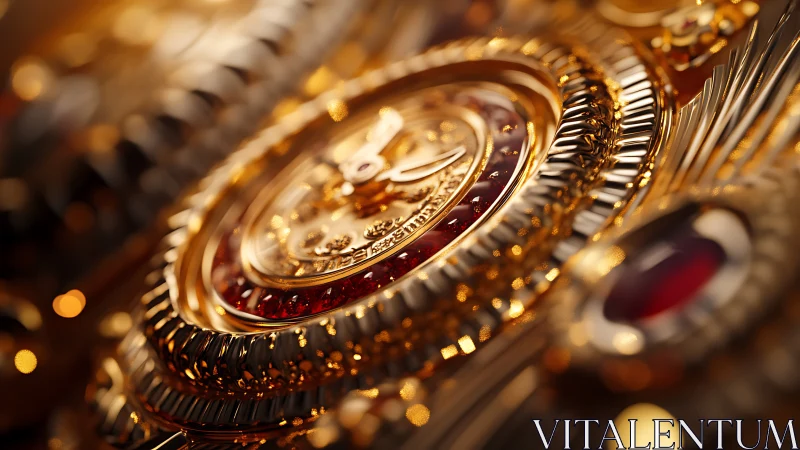Intricate golden mechanical dial with red gemstone accents.