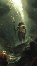 Stormlit sea god strides through a trench of molten shadows