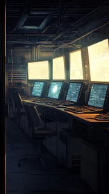 Cybernetic operations control room with multi-monitor console