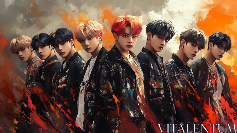 Seven stylized young men in dark jackets, fiery backdrop.