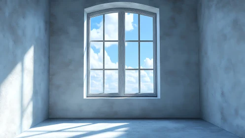 Illuminated plaster chamber with arched multipane window study.