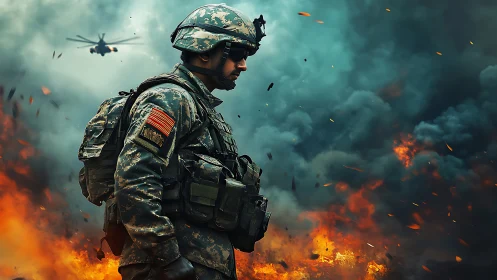 Modern combat soldier in burning battlefield with attack helicopter