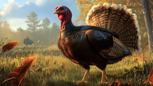 Wild turkey in autumn meadow with tail fan fully displayed.