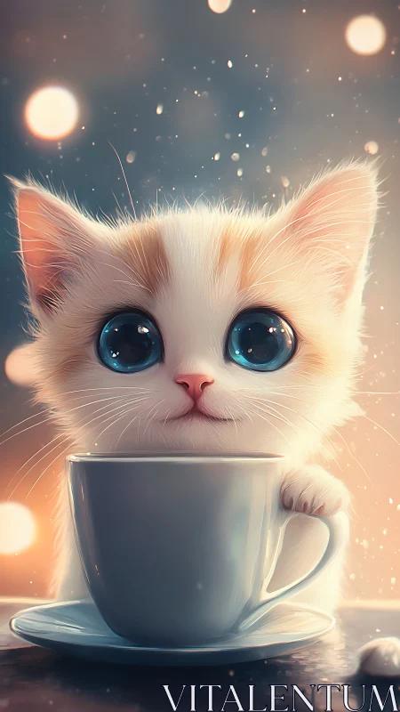 White Cat with Blue Eyes Holding Coffee Cup. Digital Portrait.