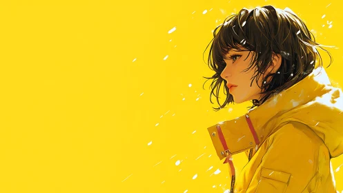 Anime side-profile portrait on saturated yellow field design.