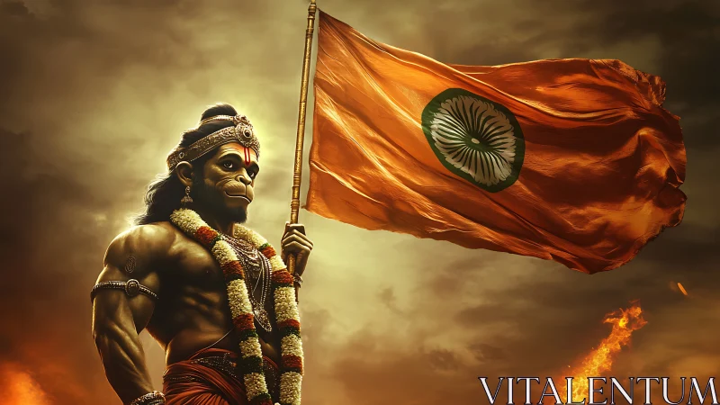 Hanuman warrior hoists blazing saffron flag of devotion and valor.