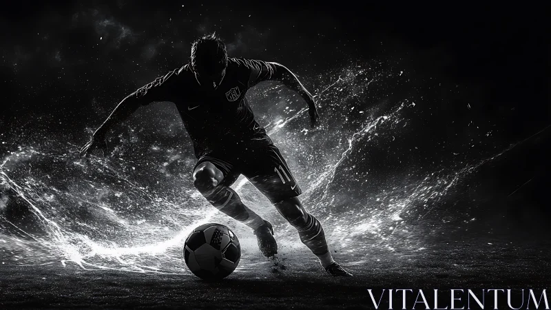 Silhouetted football player controls ball amid liquid motion