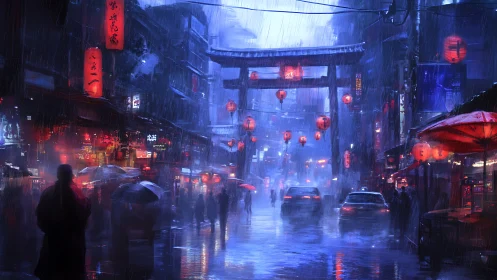 Rainy neon city street glows softly under red lanterns