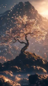 Volumetric dusk lighting on solitary cherry tree island.