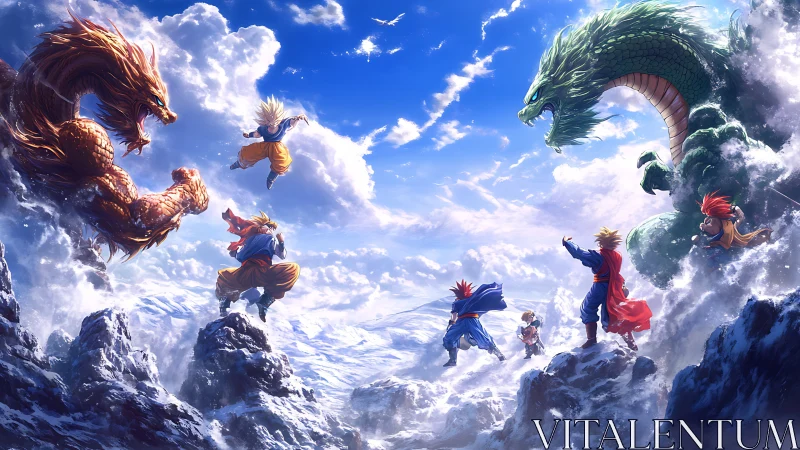 Anime warriors face twin dragons over snowy peaks.