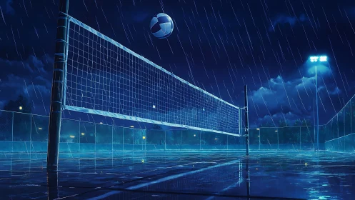 Midnight rain cradles a lone volleyball court in blue hush