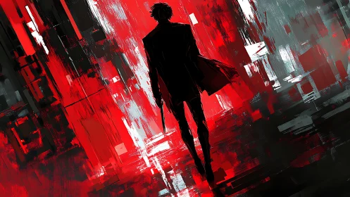 Lone noir wanderer stride through fractured crimson city.