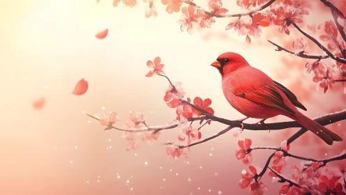 Scarlet cardinal rests on frosted cherry blossom branch.