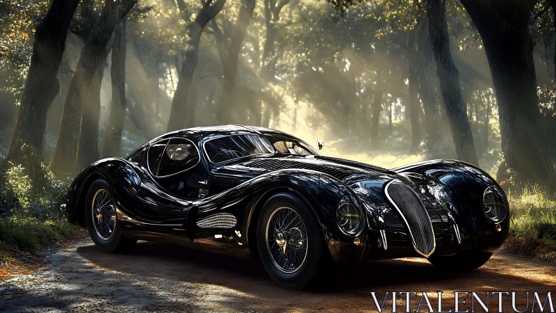 Streamlined black classic coupe gleams on a forest road.