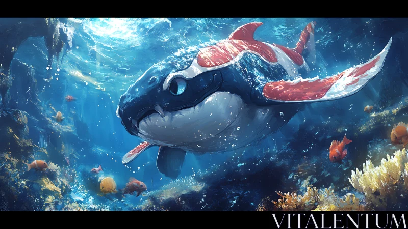 Fantasy manta whale gliding through bright reef seascape.