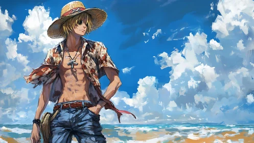 Straw-hatted drifter gazes over a windswept summer shore.