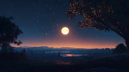 Lunar-lit river valley at blue hour with silhouetted trees and stars.