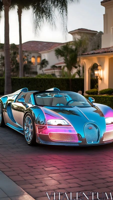 Chrome blue supercar parked on paved luxury driveway.