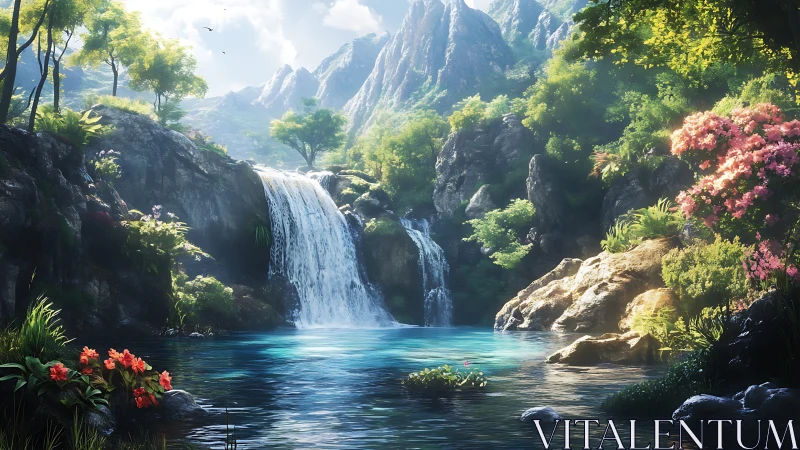 Mountain waterfall pool in lush sunlit forest landscape.