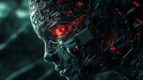 Glowing cybernetic face quietly studies a shifting digital world