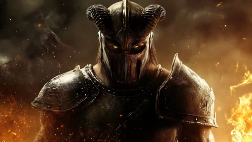 Dark fantasy warrior in horned armor amid infernal flames.
