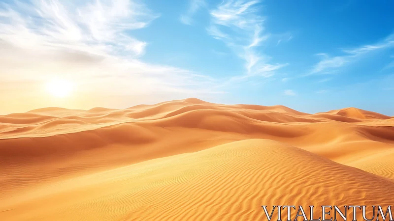 Golden desert dunes glow under bright blue morning sky.