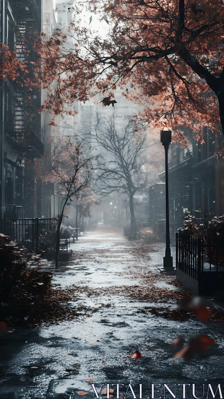 Rainy city street lined with autumn trees and soft fog.
