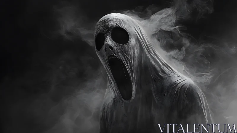 Monochrome spectral figure emerges from surrounding smoke