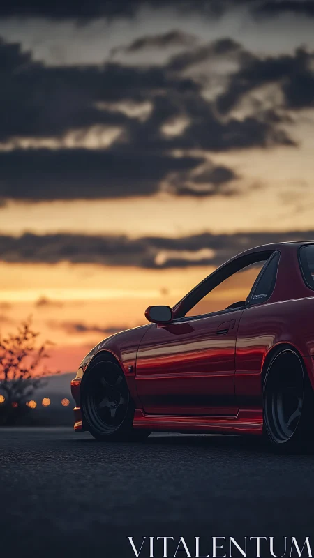 Red coupe parked on roadside at dusk under layered clouds.