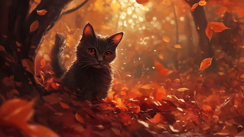 A Black Cat with Glowing Eyes Surrounded by Autumn's Warm Embrace