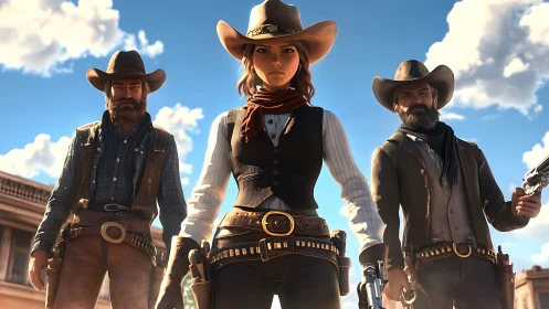 Cowgirl-led gunslingers in stylized cinematic frontier standoff.