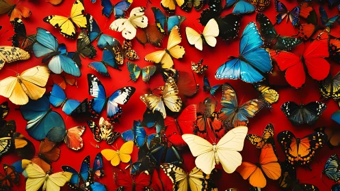 Multicolored butterflies cover dense red background surface