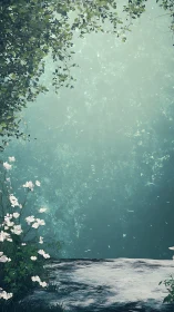 Leafy overhang and white flowers beside flat stone surface.
