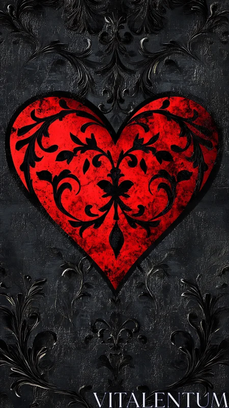 Ornamental Red Heart with Symmetrical Black Arabesque Damask Pattern.