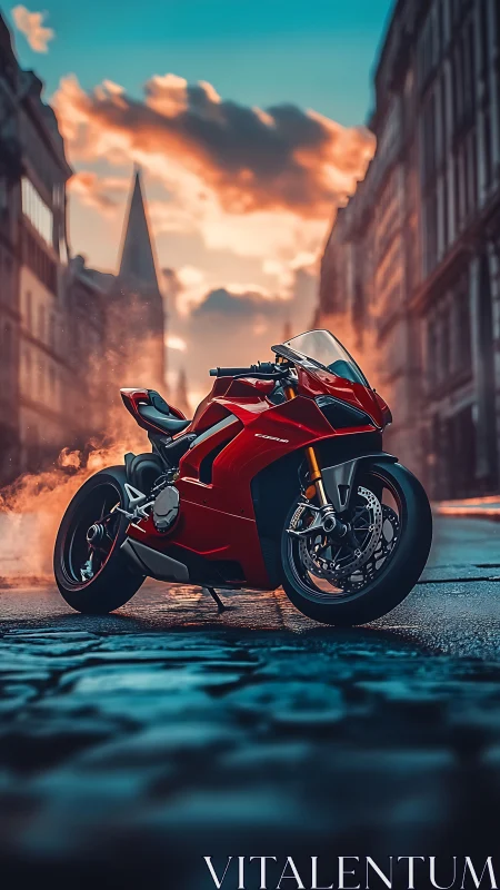 Red sport motorcycle on cobblestone street at sunset.