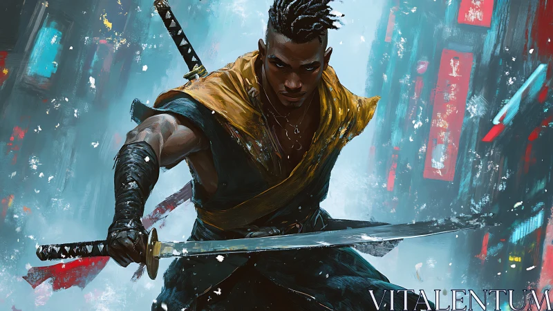 Cyberpunk warrior with dual katanas in snowy neon alley.