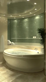 Elliptical soaking tub beneath recessed spotlight matrix.