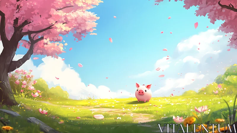 Pink pig stands centered in stylized spring meadow scene
